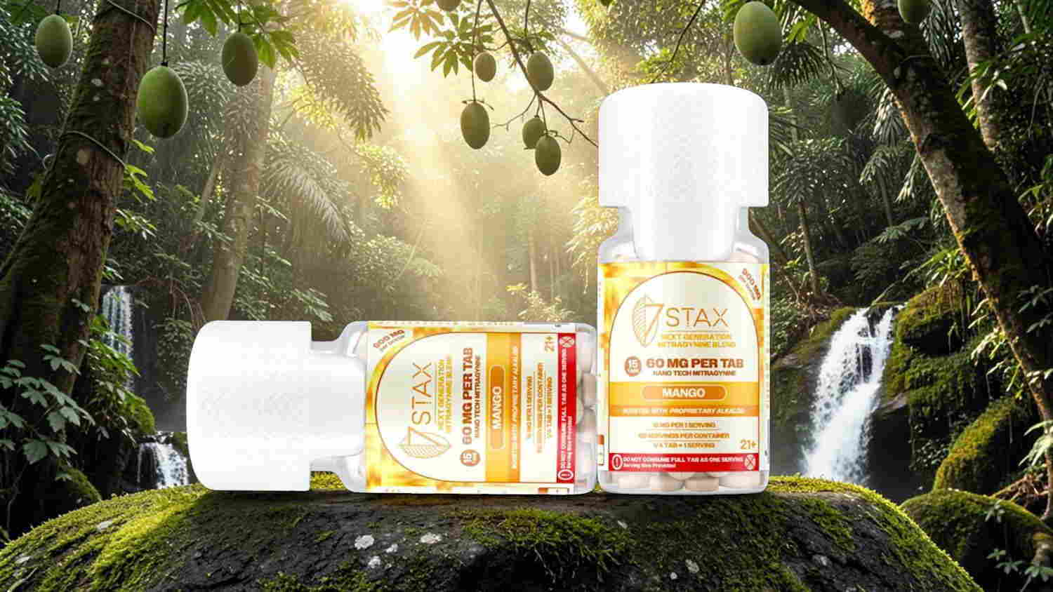 Two fragrance bottles in a lush, green forest setting.