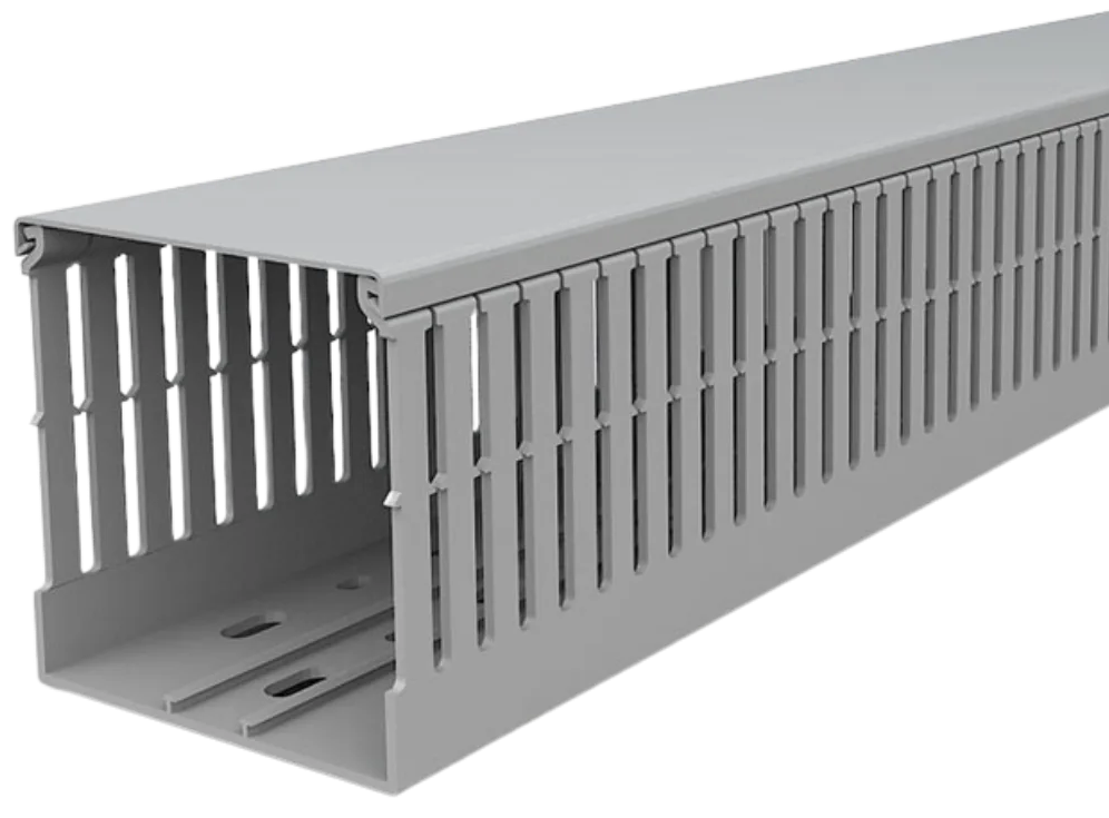 Grey narrow finger slotted wiring duct with duct cover attached