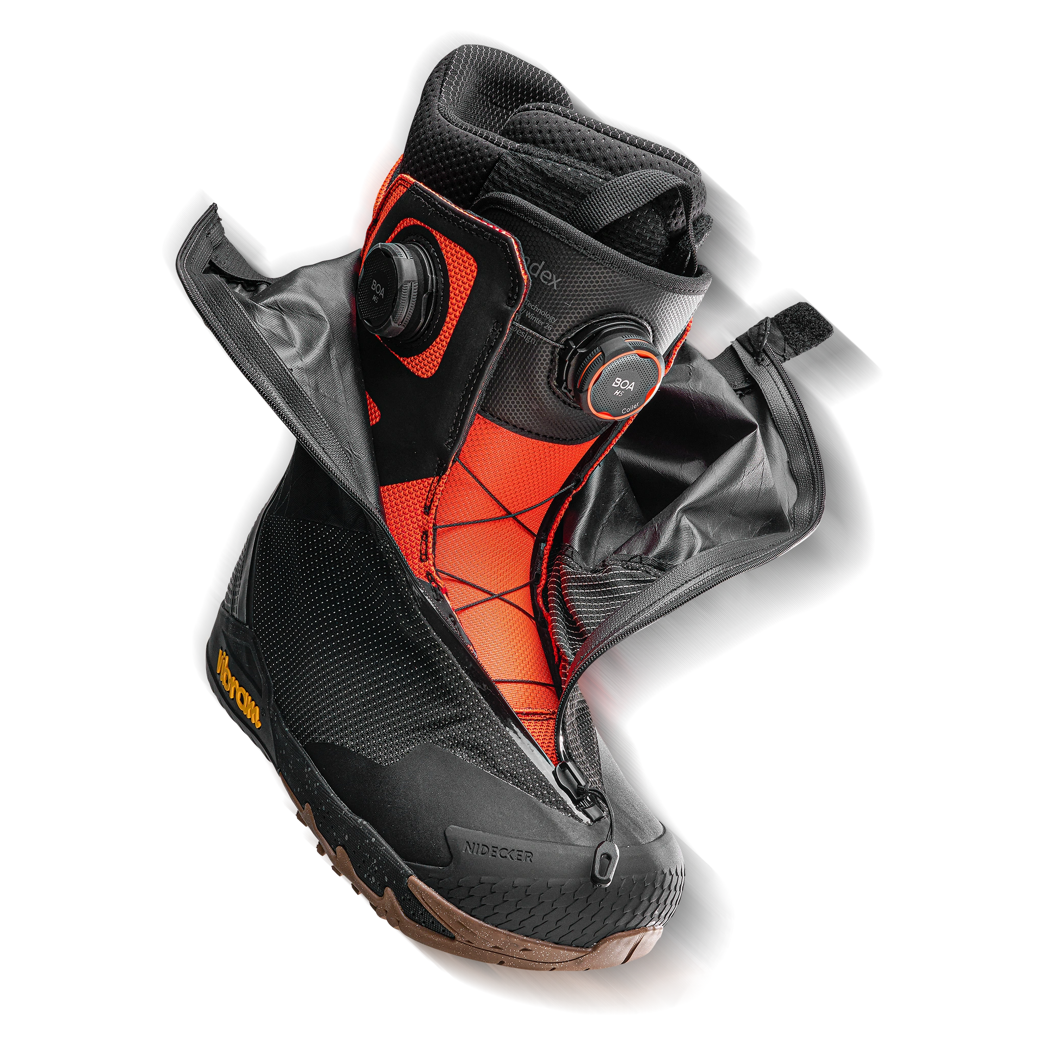 Black and orange hiking boot with an open zipper.