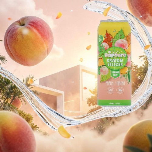 Peach-flavored drink can surrounded by peaches and water splash.