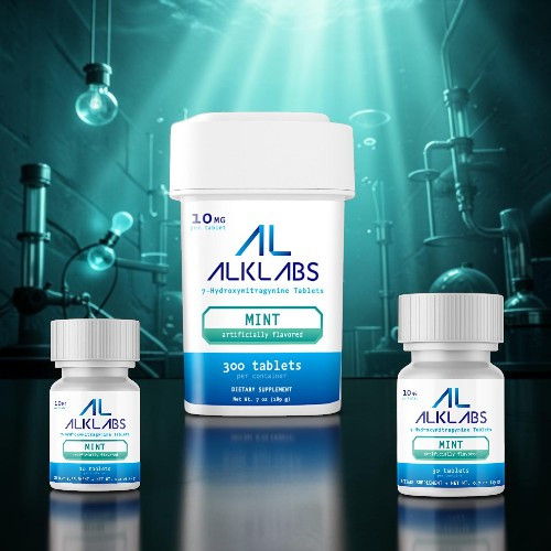Bottles of ALKLABS mint tablets on a laboratory background.