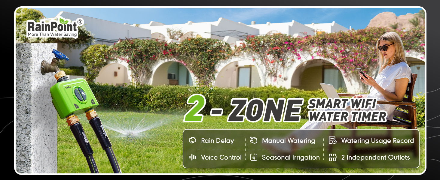 Smart water timer advertisement featuring a woman relaxing outdoors.