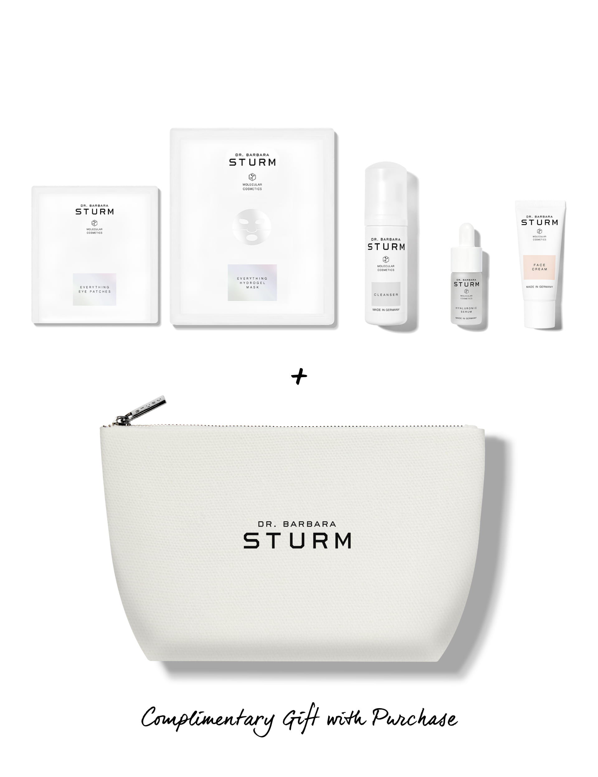 Skincare products and pouch with text: 