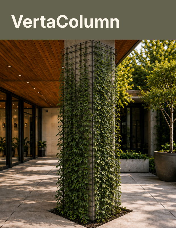 Verta Column guide showcasing an architectural column covered in lush green vines growing on black metal trellises.