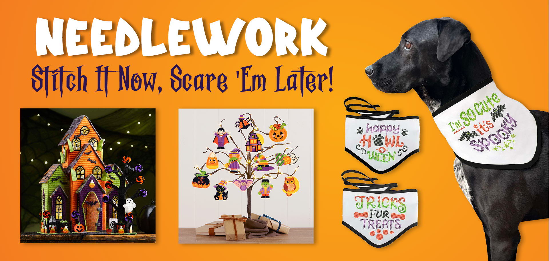 Black dog wearing a bib, with needlework designs and text about stitching.