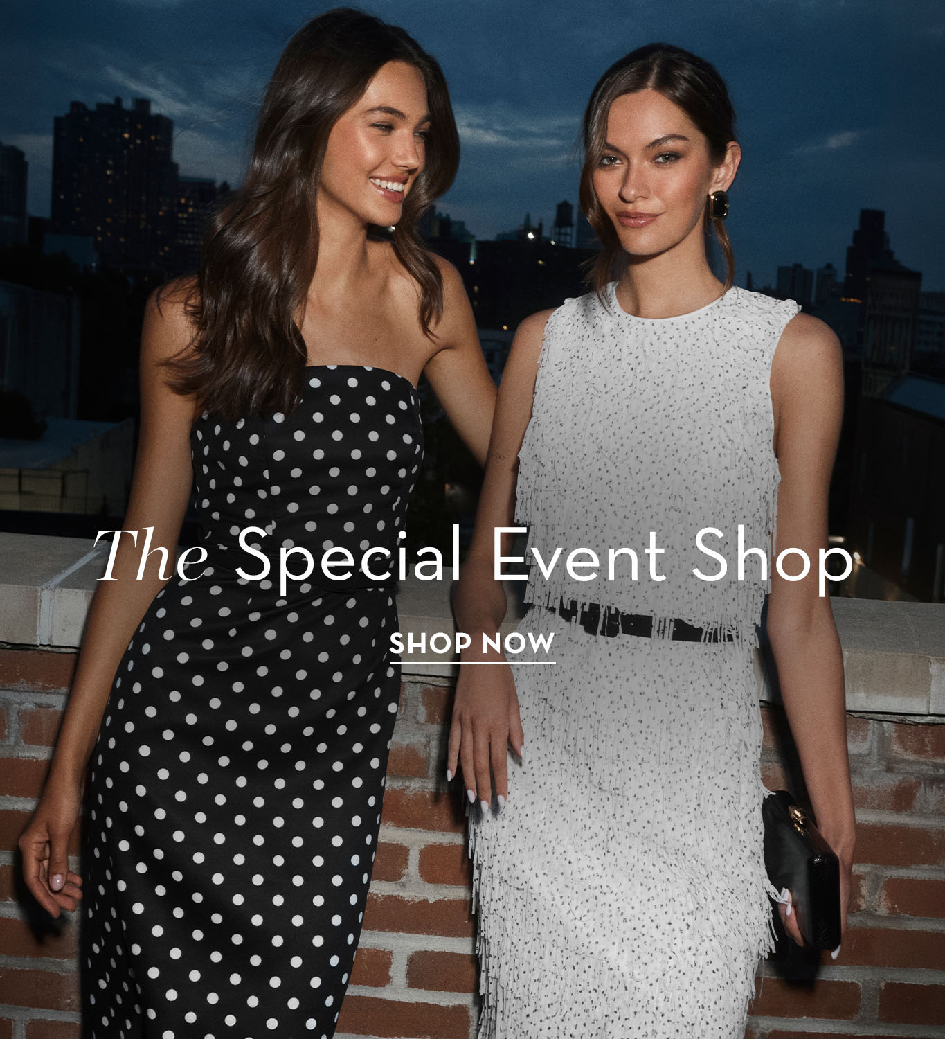 Two women in stylish dresses promoting a special event shop.