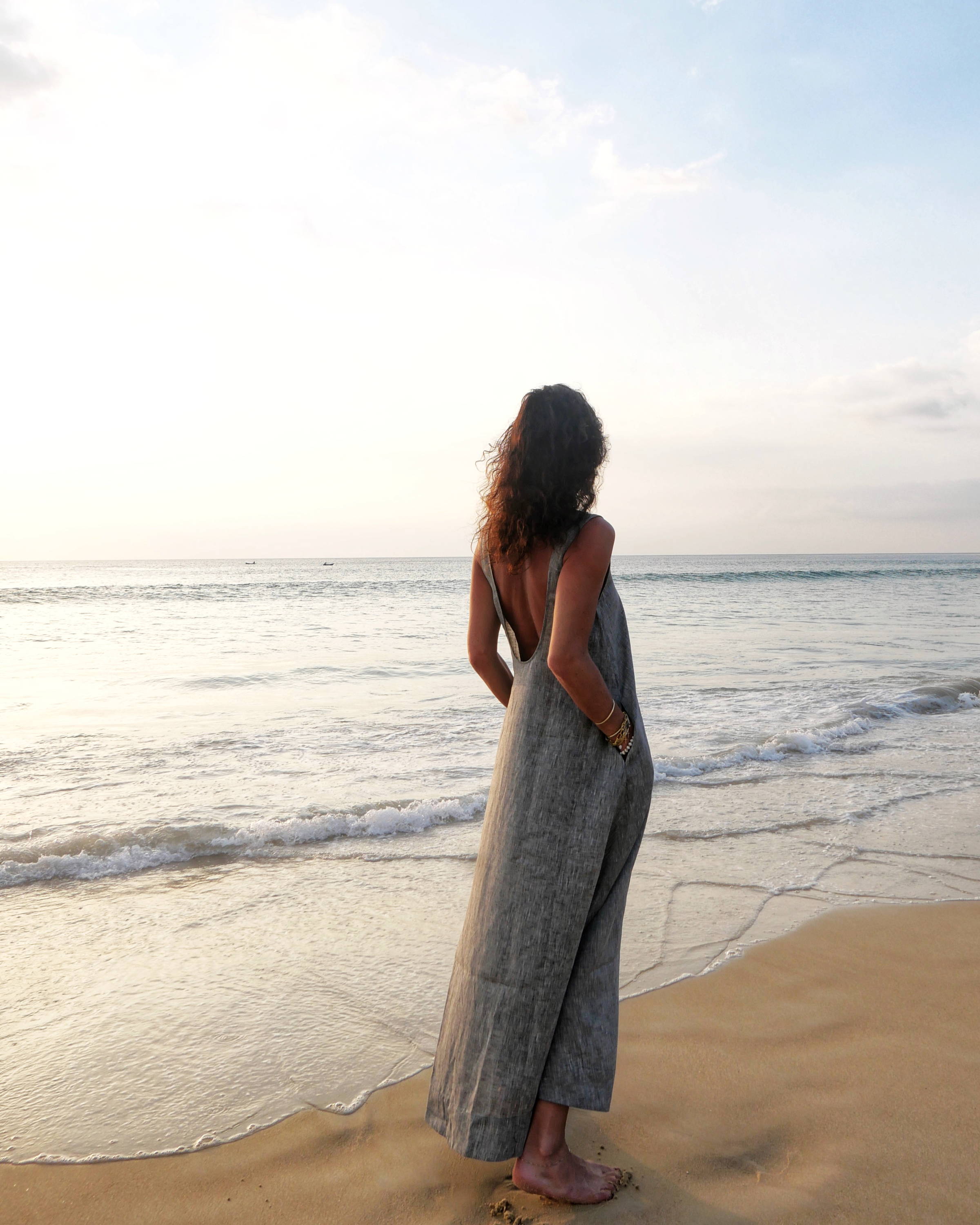 Grey scoop back overized maxi linen dress