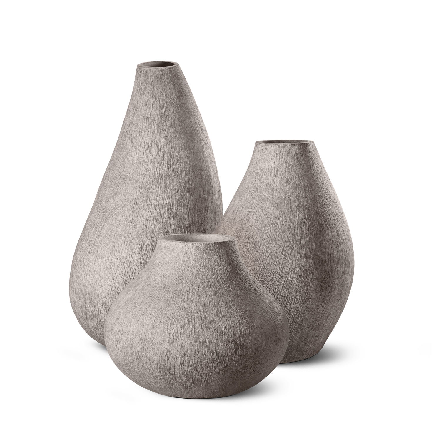 Three textured gray vases of varying shapes and sizes.