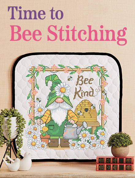 Time to Bee Stitching. Image: Bee Kind needlework home decor.