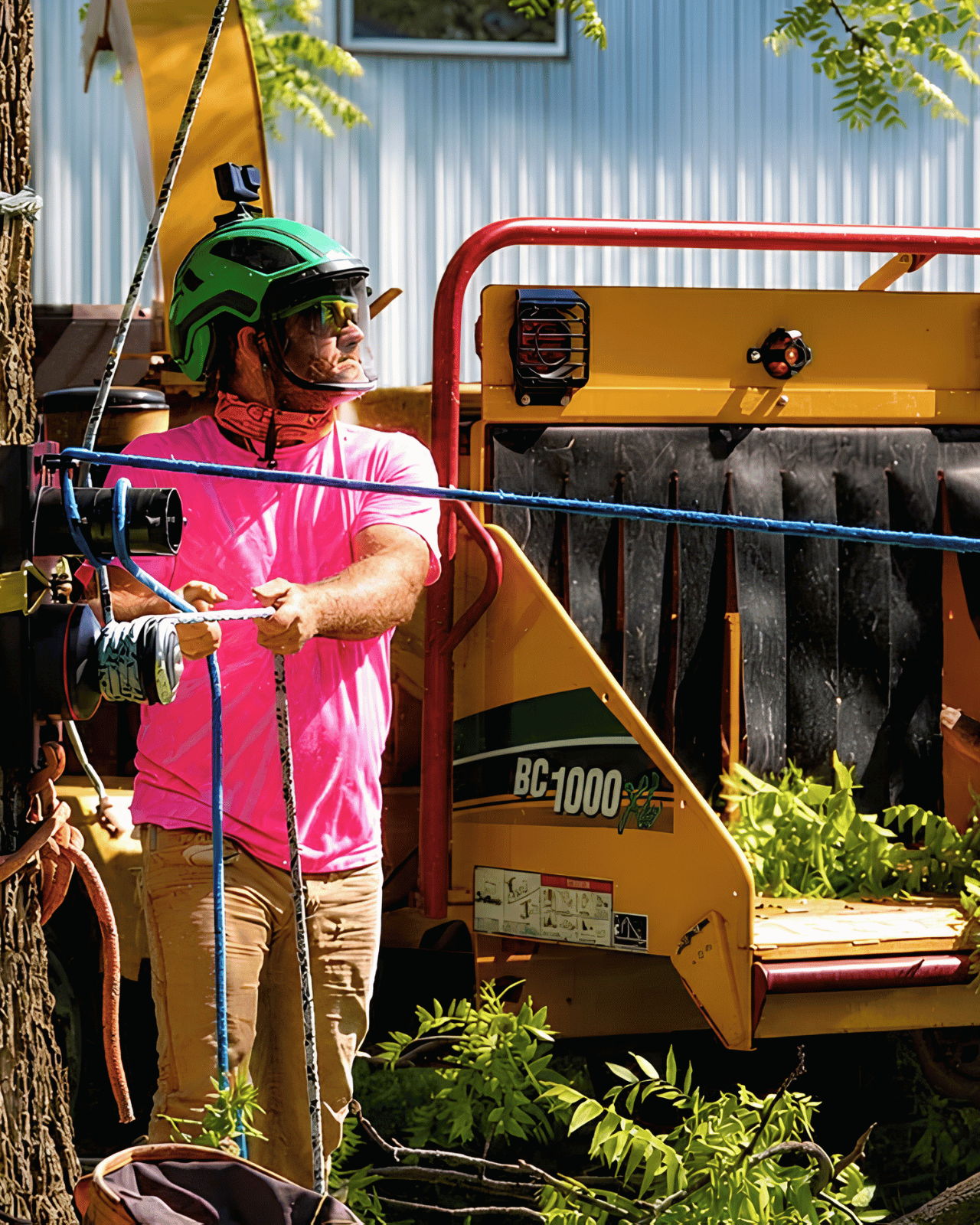 Person in pink shirt operating equipment near a tree.