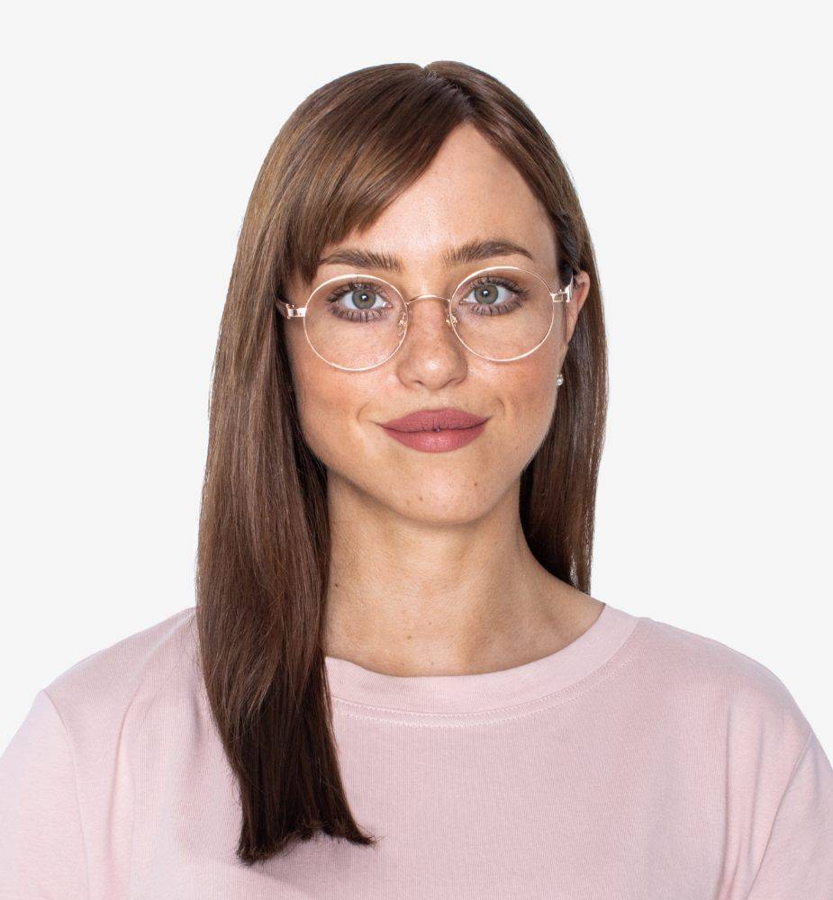 Woman with small nose wearing Joy Rose Gold - Round Eyeglasses 