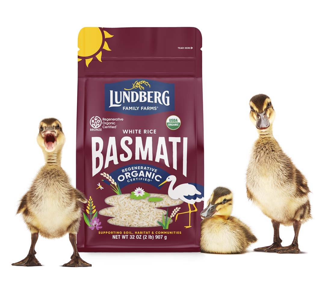 Lundberg Regenerative Organic Basmati Rice bag with three cute ducklings