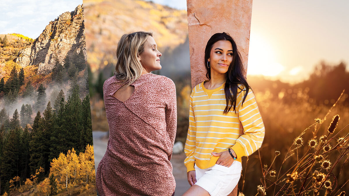 Collage of women wearing Aventura tops. 