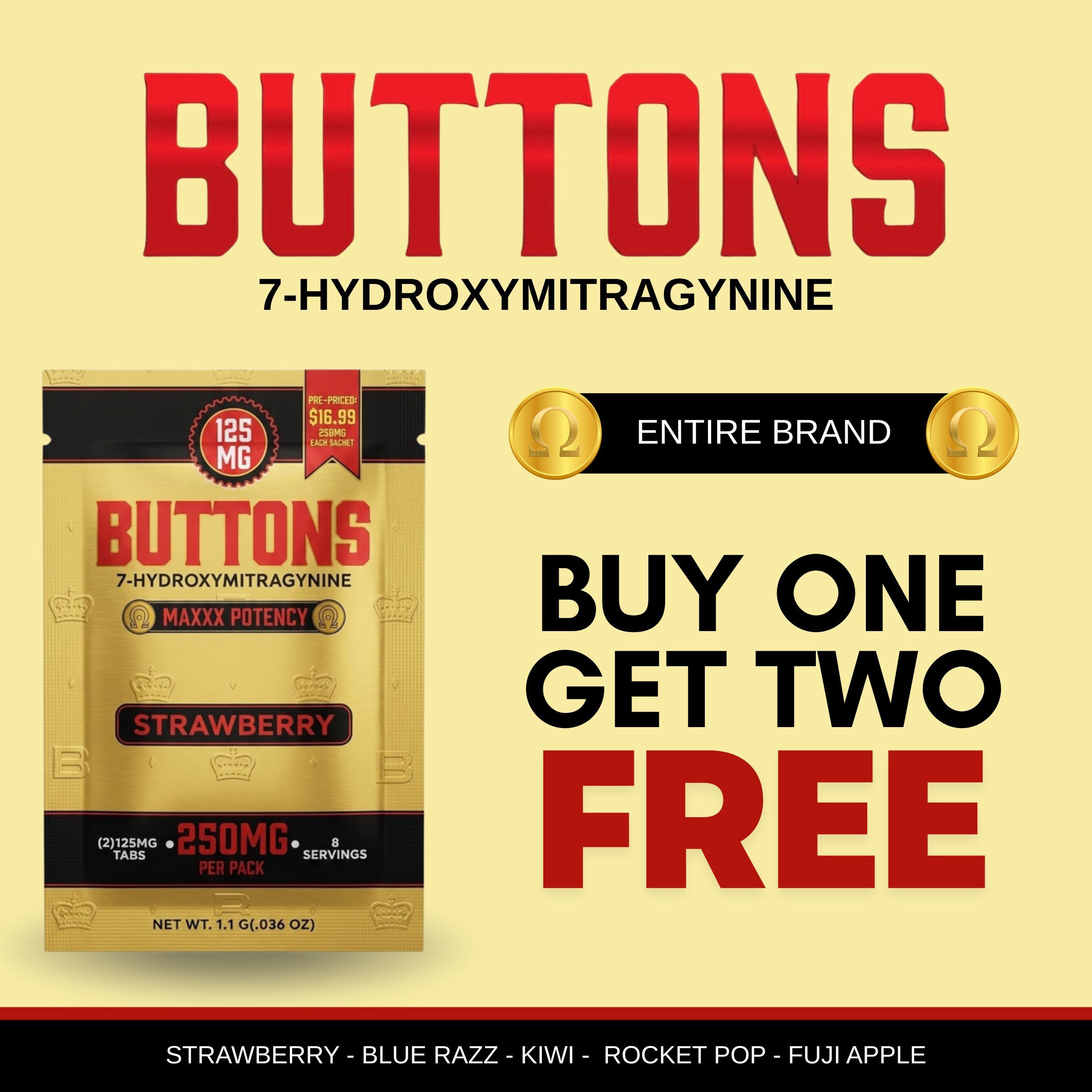 Buttons product advertisement with buy one get two free offer.