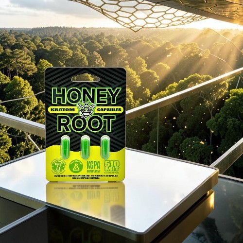 Honey Root supplement packaging with greenery and sunlight in the background.