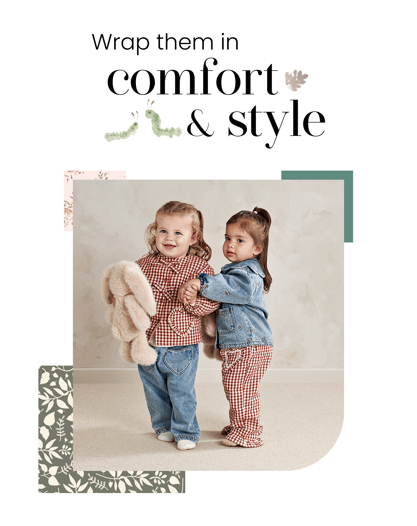 Two children in stylish outfits, holding a stuffed animal, against a soft background.