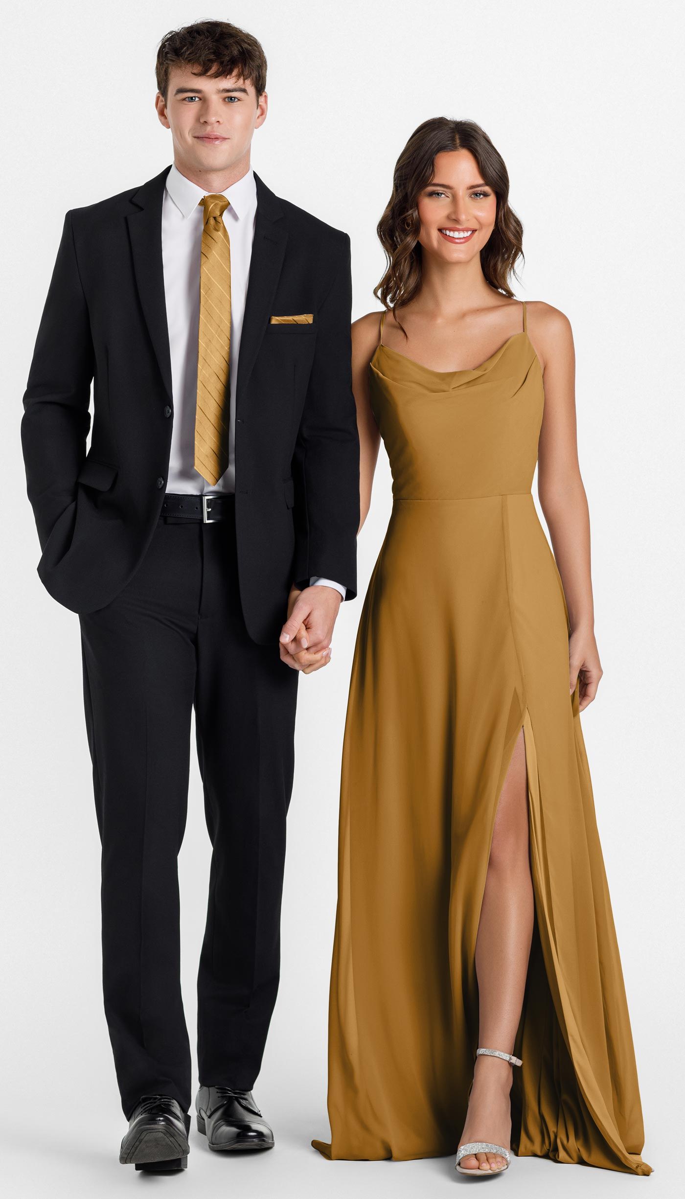 black suit with mustard yellow bridesmaid dress