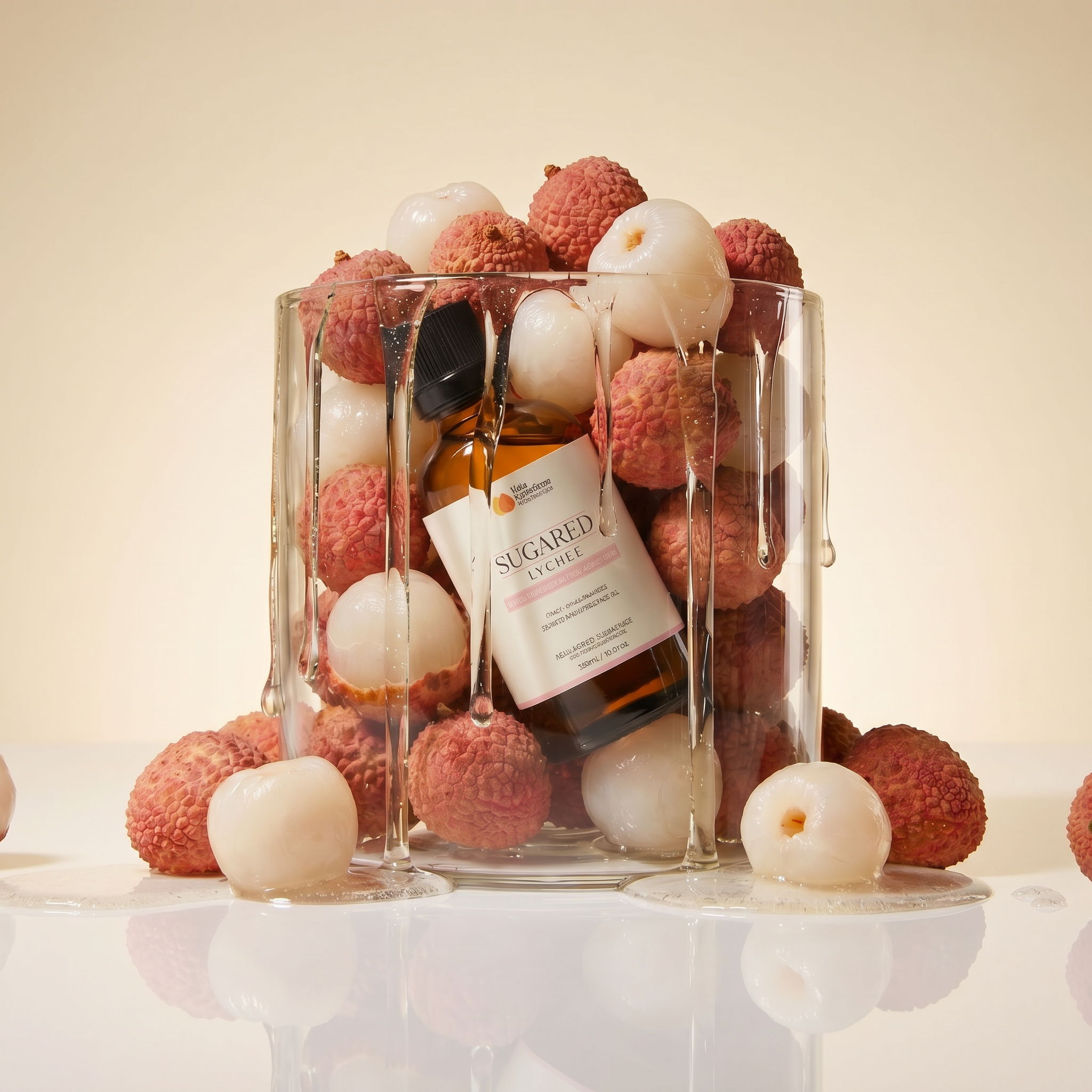 A glass container filled with lychee fruit and a bottle of liquid.