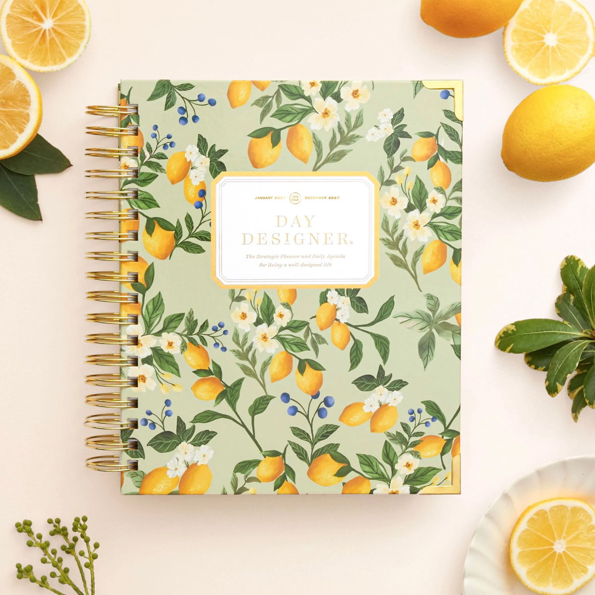 2027 day designer planner featuring lemons, flowers, and sage