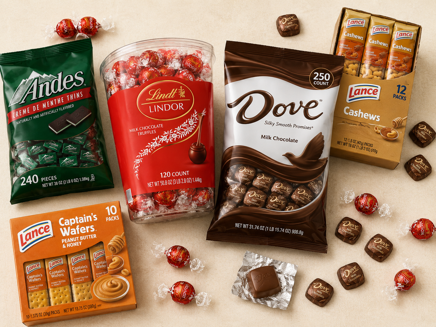 Volunteer Thank-You bulk candy bundle for churches: Andes Mints, Lindt Lindor 120-count tub, Dove Promises 250-count bag, Lance Cashews and Captain's Wafers