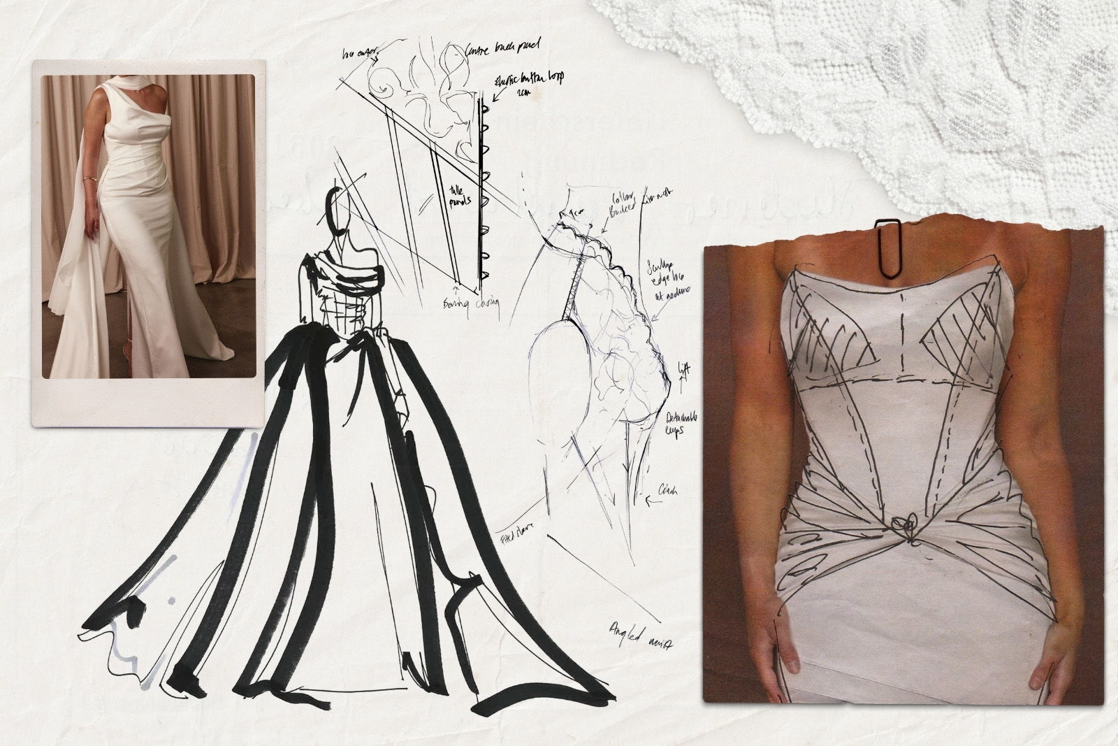 Fashion design sketches and images of wedding dresses.