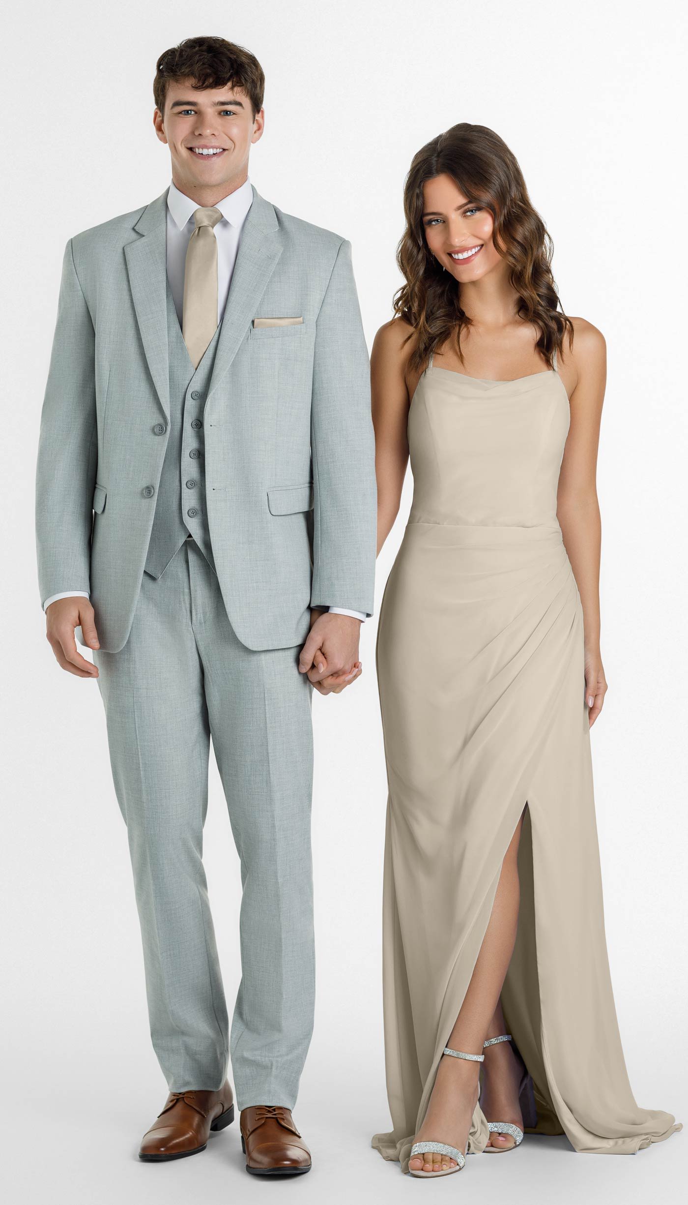 Light Grey Suit with Dew Drop Bridesmaid Dress