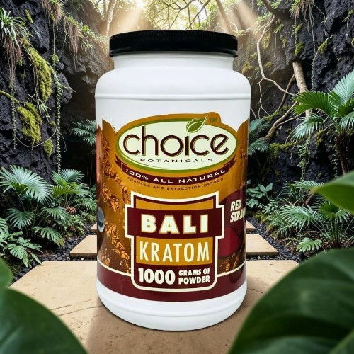 Container of Bali Kratom powder in a natural setting.