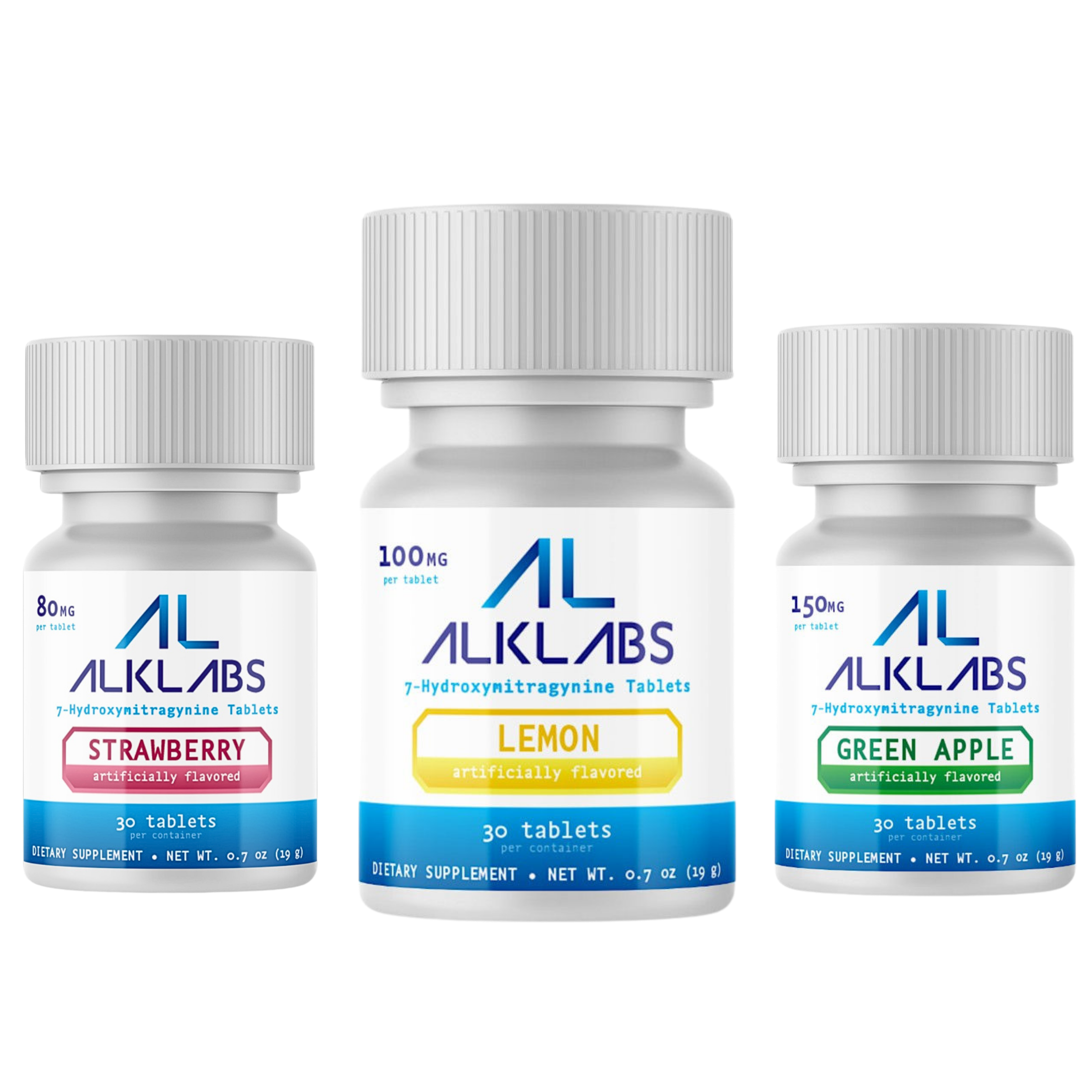 Three bottles of dietary supplements in different flavors: Strawberry, Lemon, Green Apple.