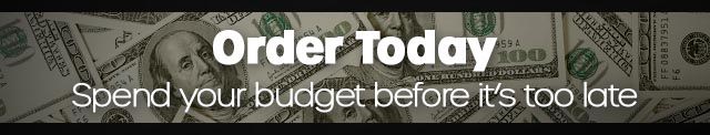 Text promoting urgent spending with a background of money.
