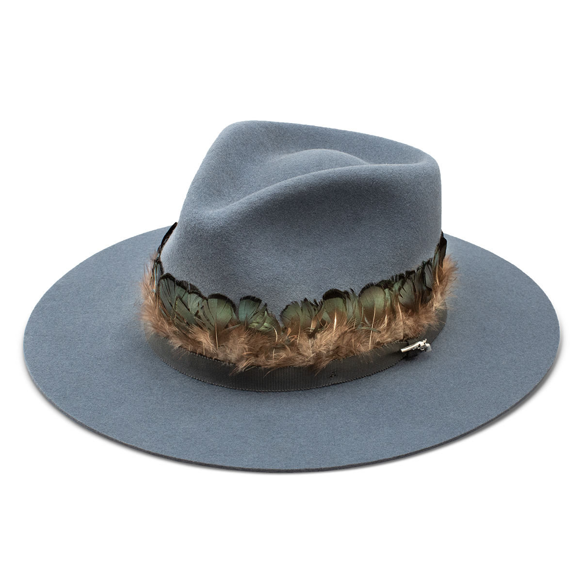 A stylish gray hat with a decorative feather band.