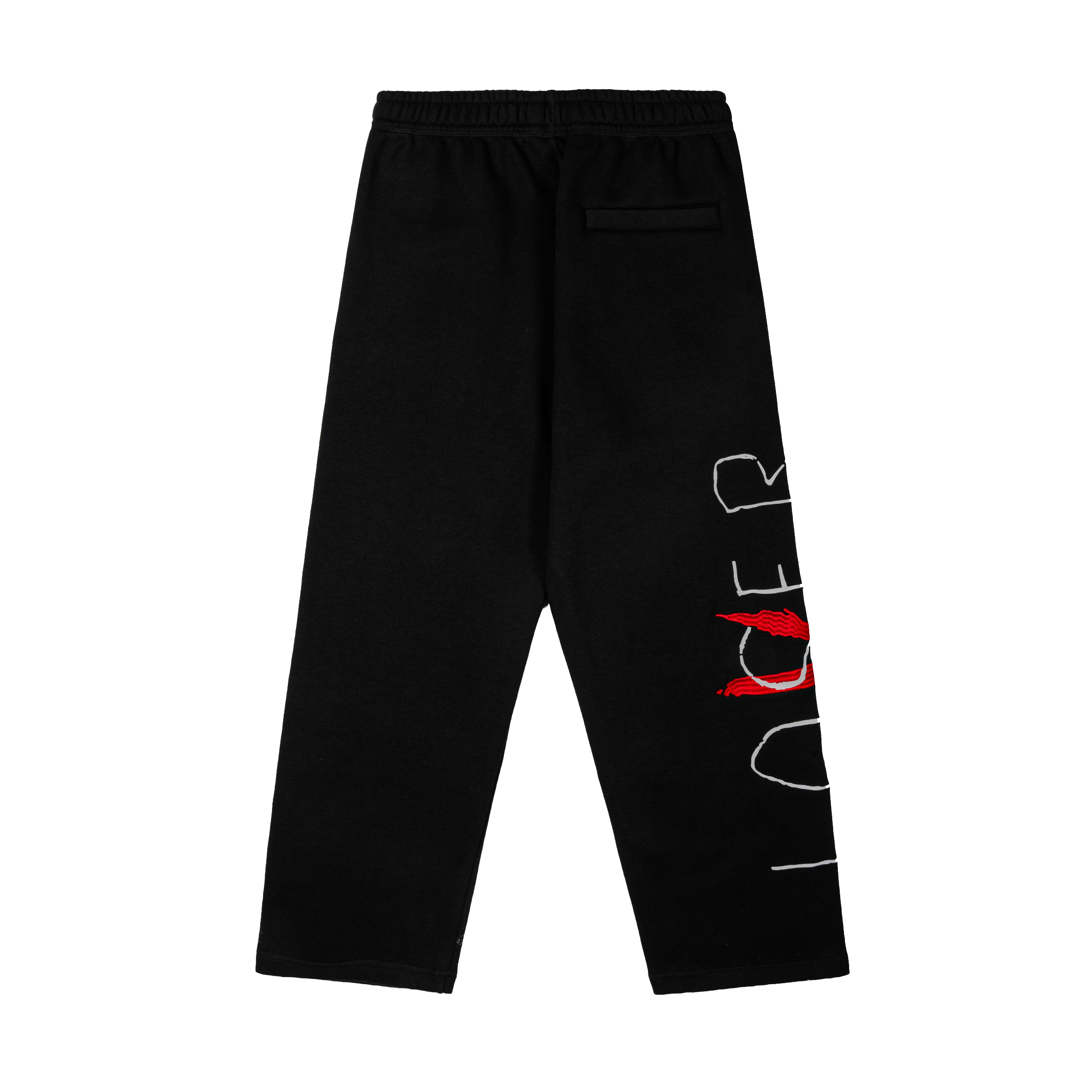 Black sweatpants with graphic design featuring a character in a yellow raincoat.