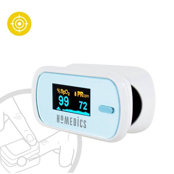 An graphic of the HoMedics Oxywatch clipping onto a finger.