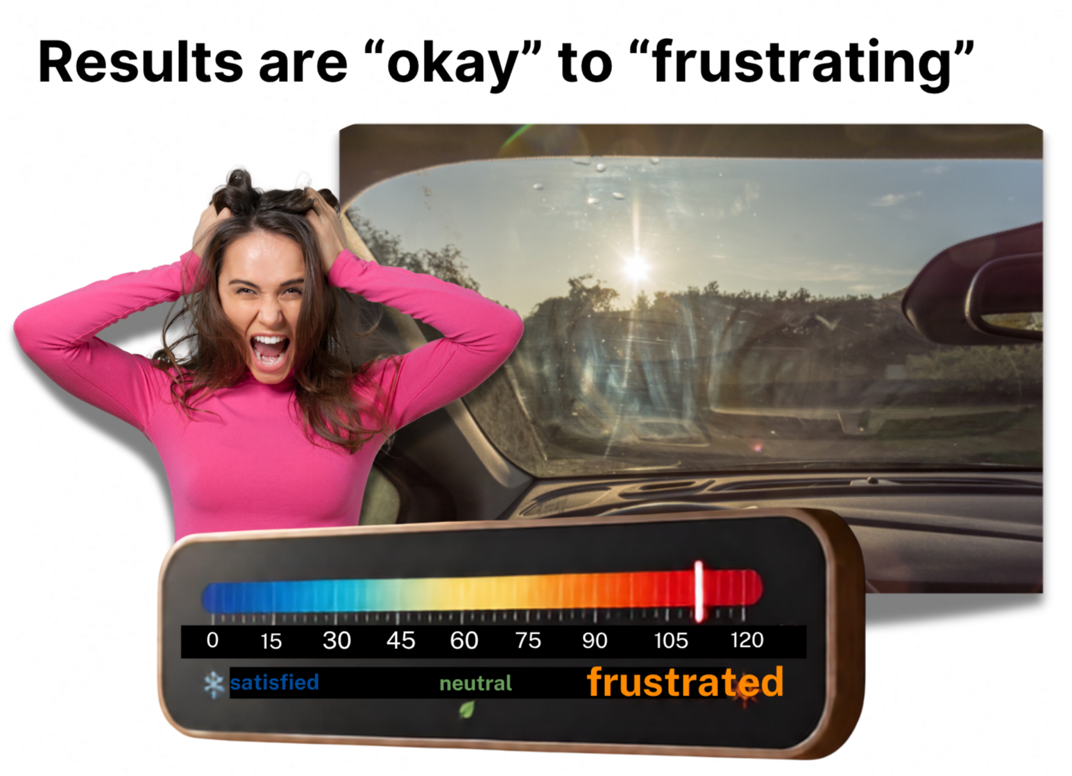 Picture showing frustrated person with dirty windshield