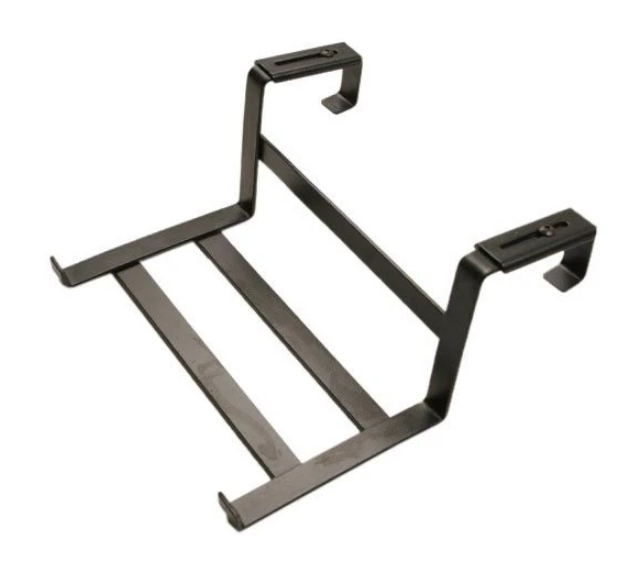 Metal shelf bracket with hooks for wall mounting.