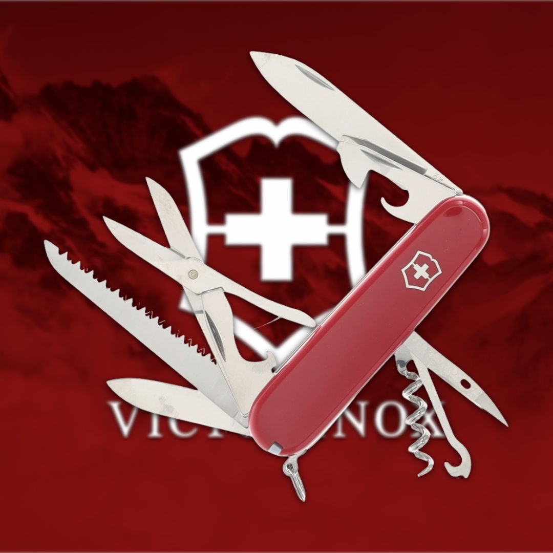 A Swiss Army knife with various tools against a red background.