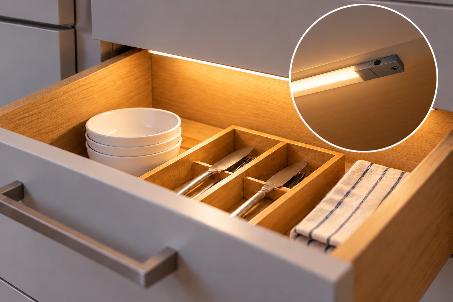 LED drawer light illuminating the inside of an open cabinet drawer