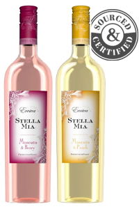 Two bottles of Stella Mia wine, one pink and one yellow, with a certification badge.