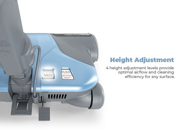 Vacuum cleaner highlighting height adjustment feature for optimal cleaning on various surfaces.