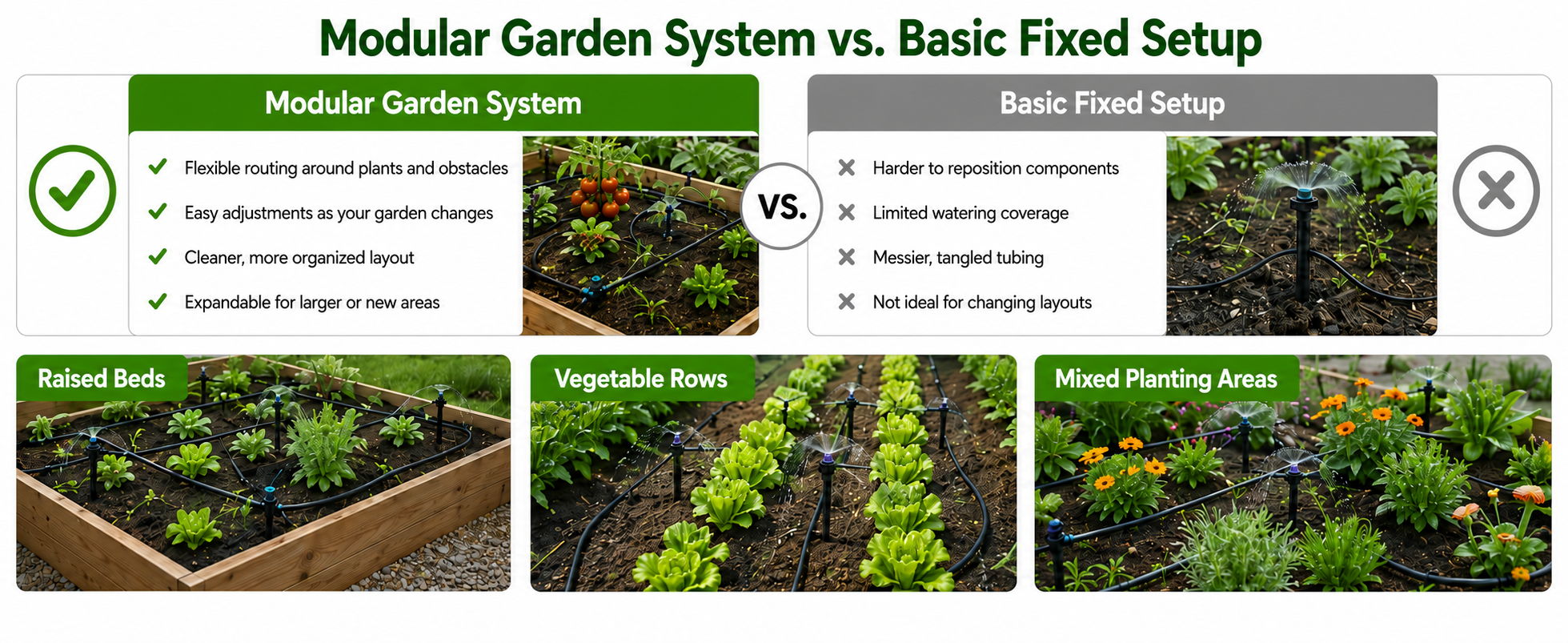 Comparison of modular garden system and basic fixed setup with images and descriptions.