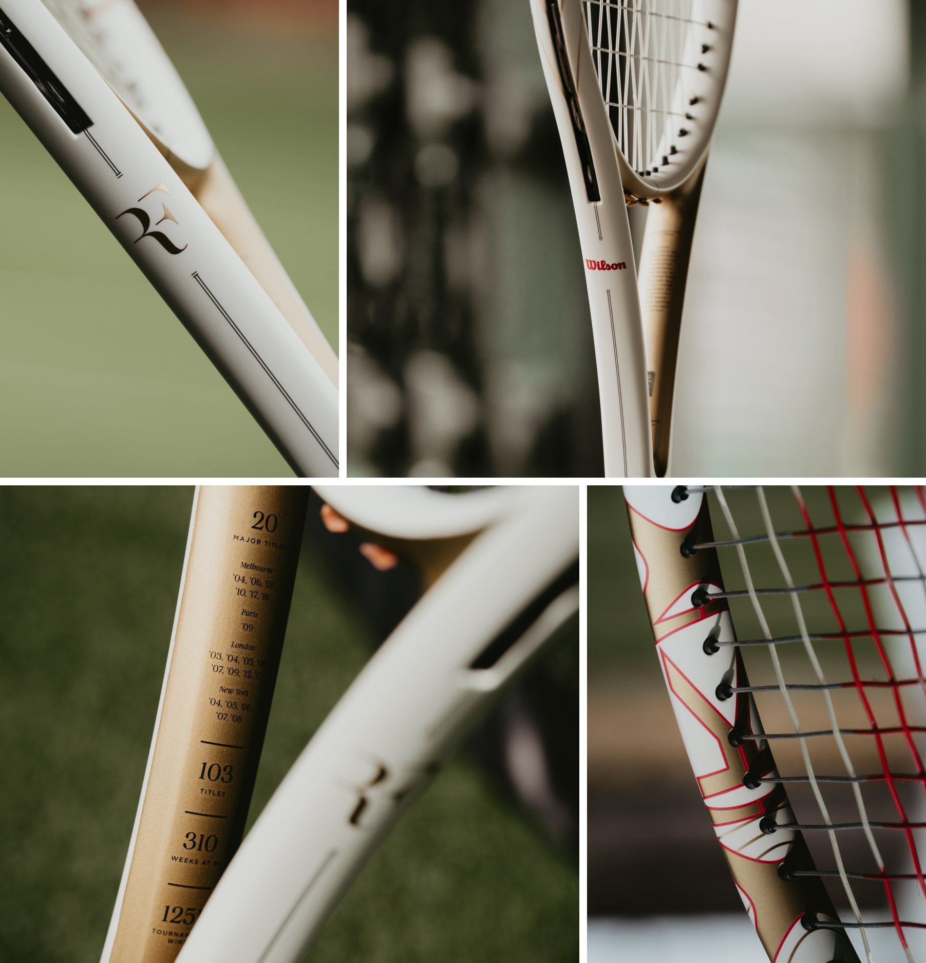 Close-up images of tennis racket details and designs.