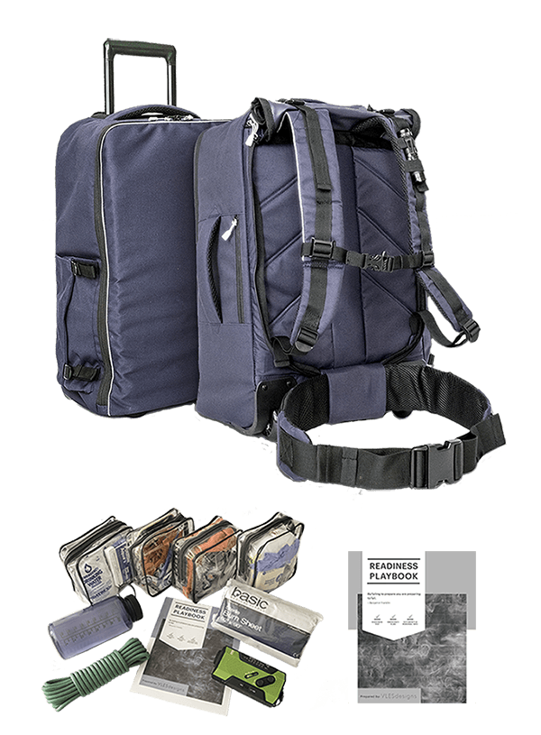 A go bag that can be worn and wheeled and the supplies that should goo into an emergency go bag.