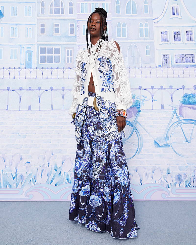 CAMILLA MODEL WEARING GLAZE AND GRAZE PRINT SHIRT AND DELFT DYNASTY SKIRT