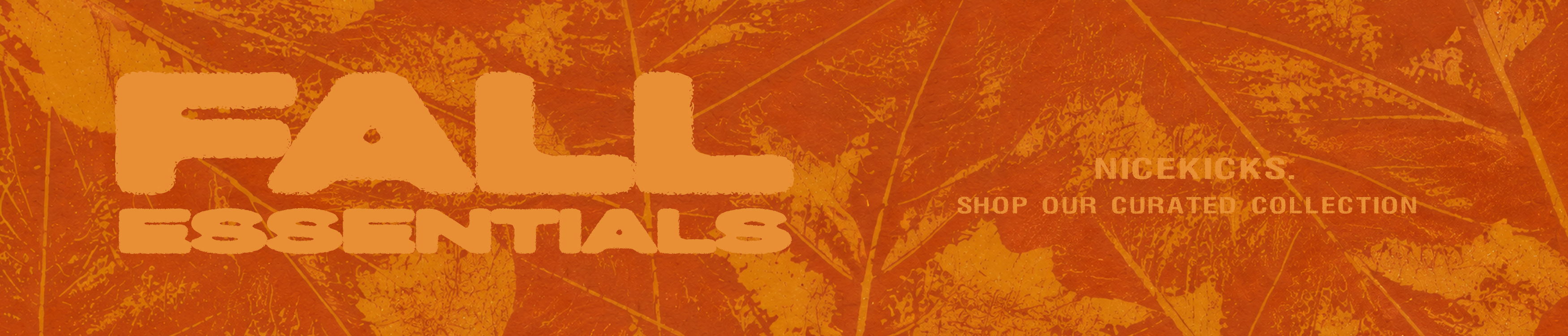 Fall Essentials text over an orange background with leaf patterns.