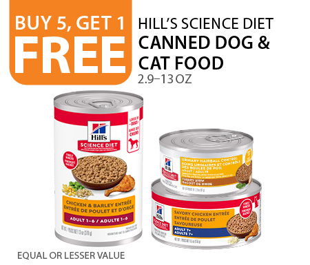 Buy 5, Get 1 Free Hill's Science Diet canned dog and cat food 2.9–13oz. Equal or lesser value