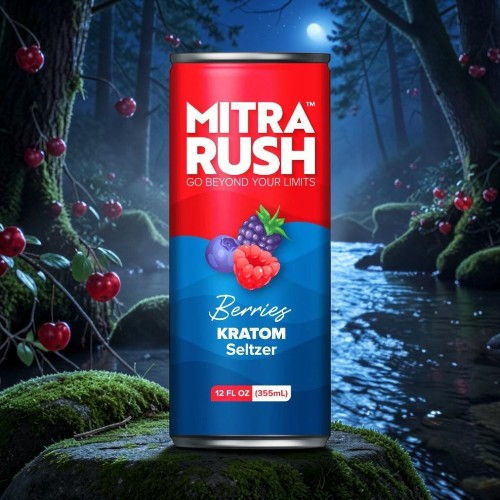 Mitra Rush Berry Kratom Seltzer can in a forest setting.