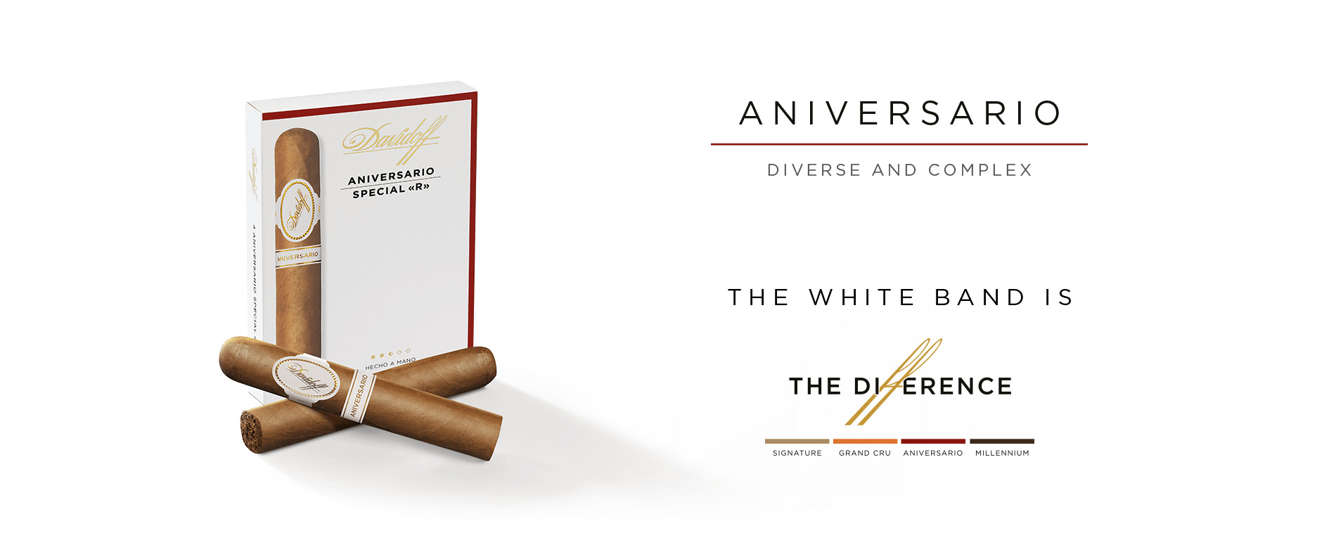 A box of Davidoff Aniversario Special R with two cigars placed crosswise in front of it. 