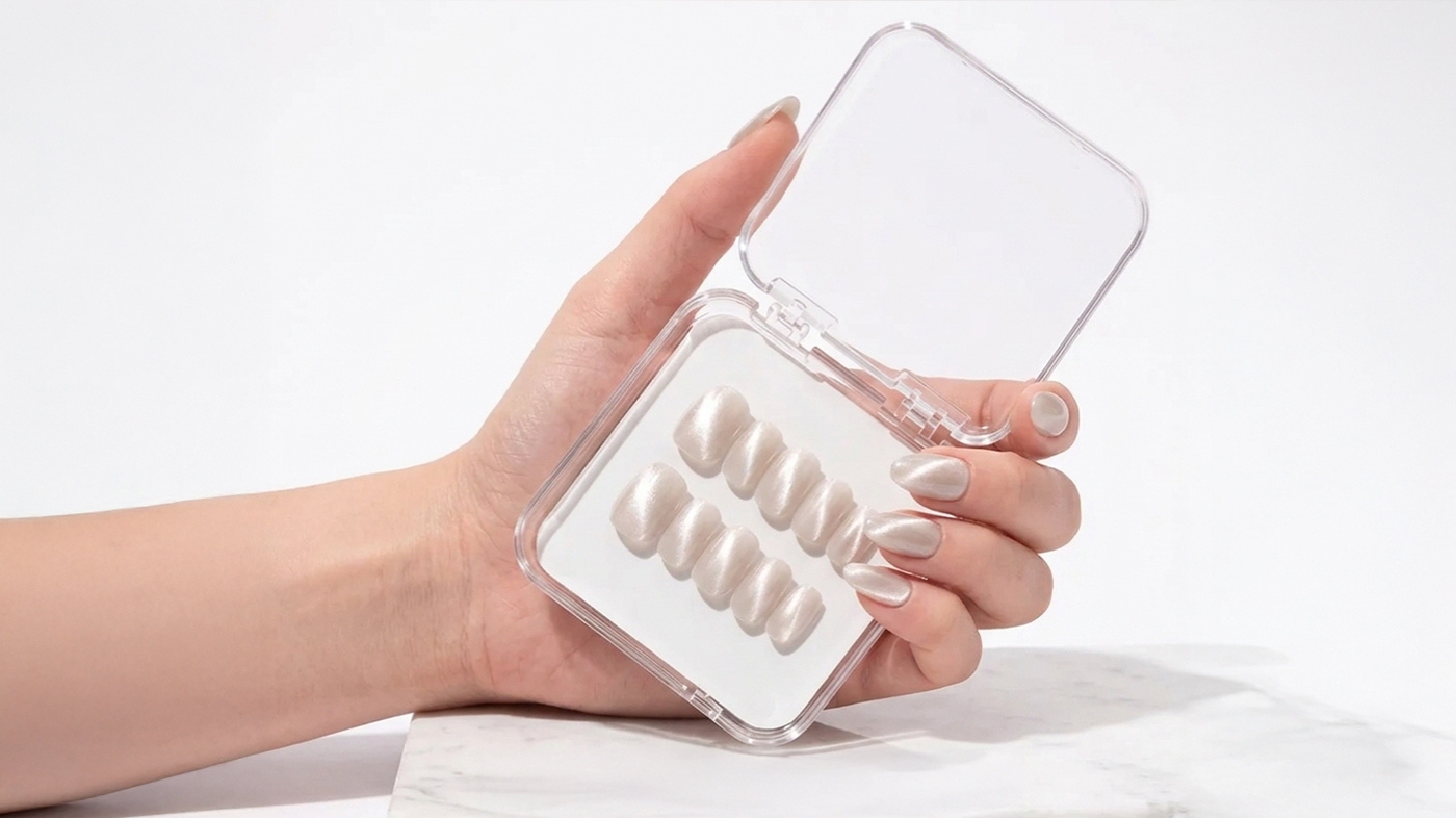handmade press-on nails on hydrated well-groomed hands after hand care routine