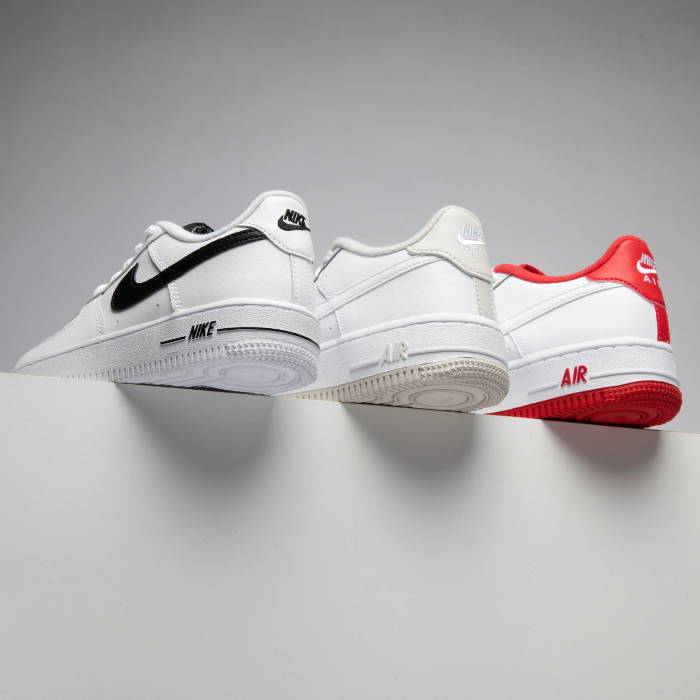 heels of white/black, white/tan, white/red air force ones