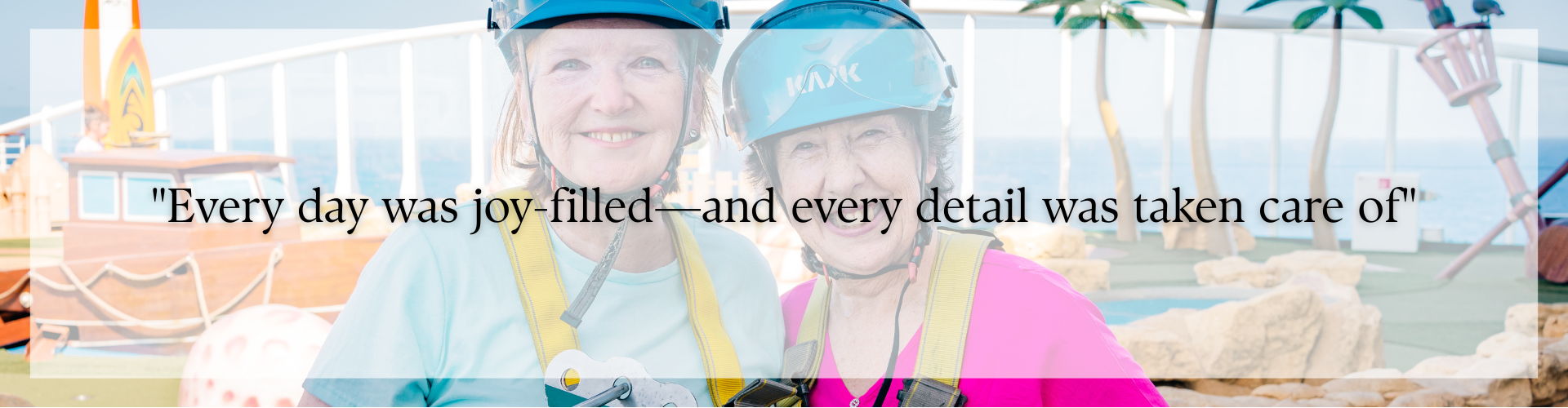 Two smiling people in harnesses with a quote overlay.