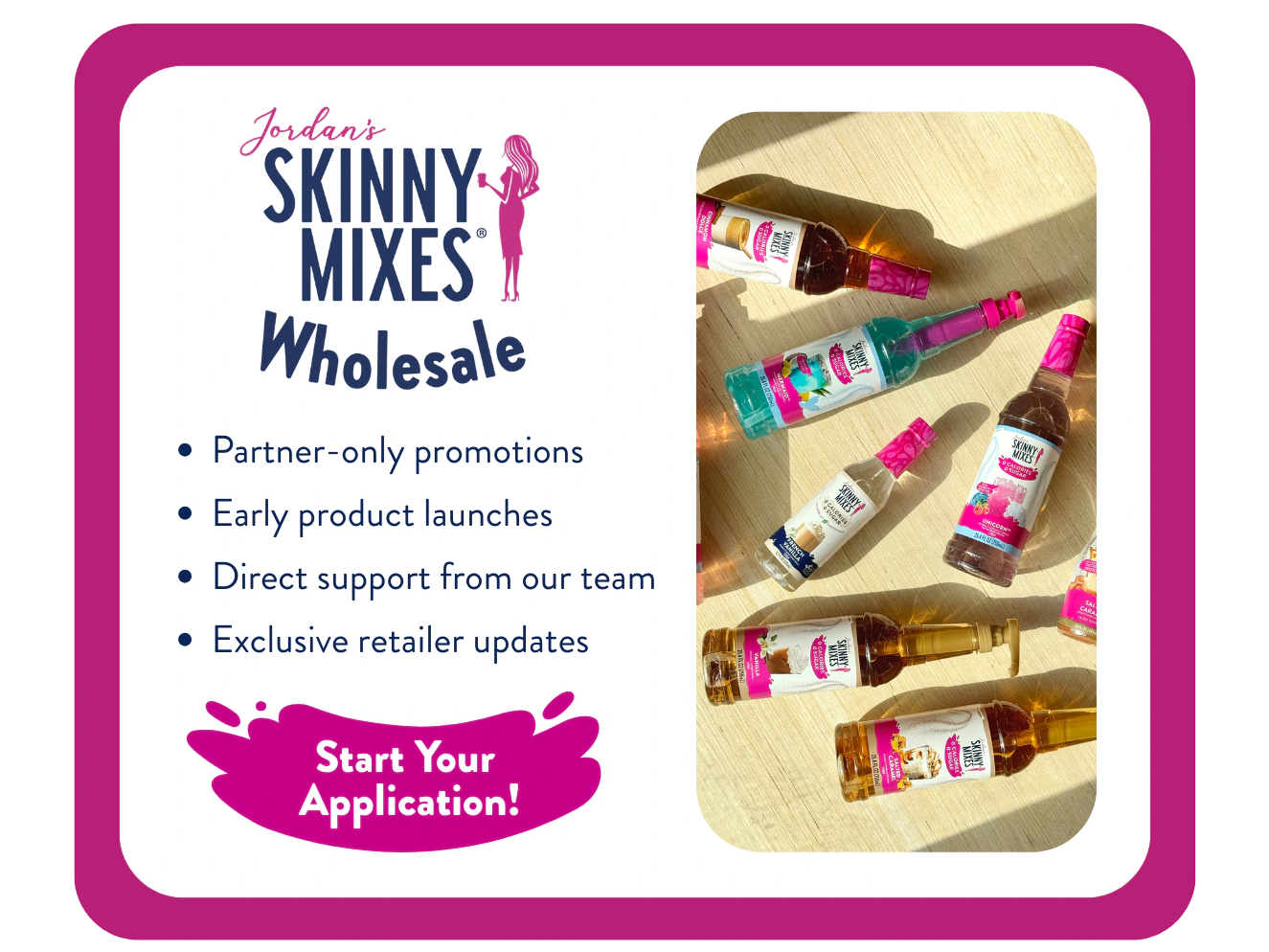 Skinny Mixes promotional image with bottles and application details.
